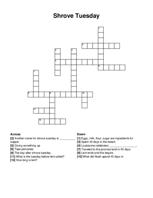 Shrove Tuesday Crossword Puzzle