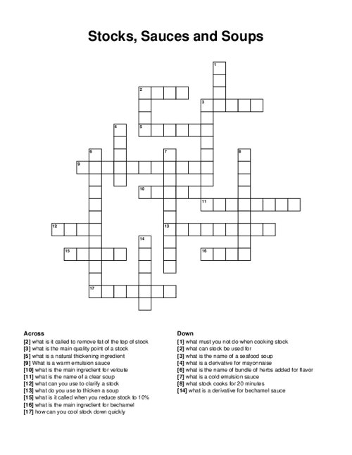 Stocks, Sauces and Soups Crossword Puzzle