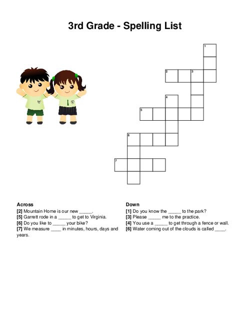 3rd Grade - Spelling List Crossword Puzzle
