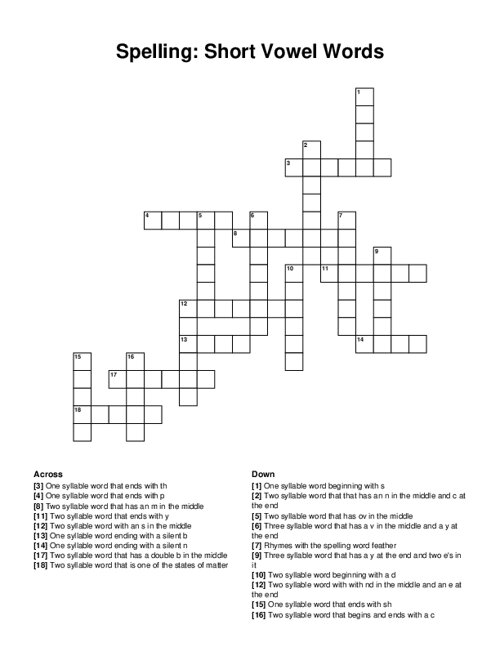 Spelling Short Vowel Words Crossword Puzzle