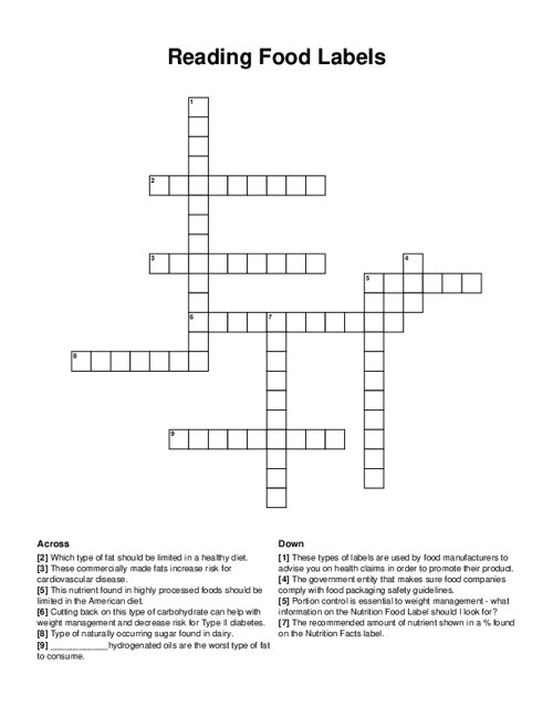 Reading Food Labels Crossword Puzzle