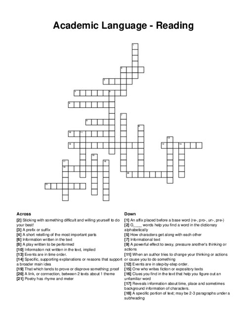 Academic Language - Reading Crossword Puzzle