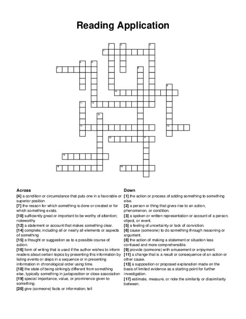 Reading Application Crossword Puzzle