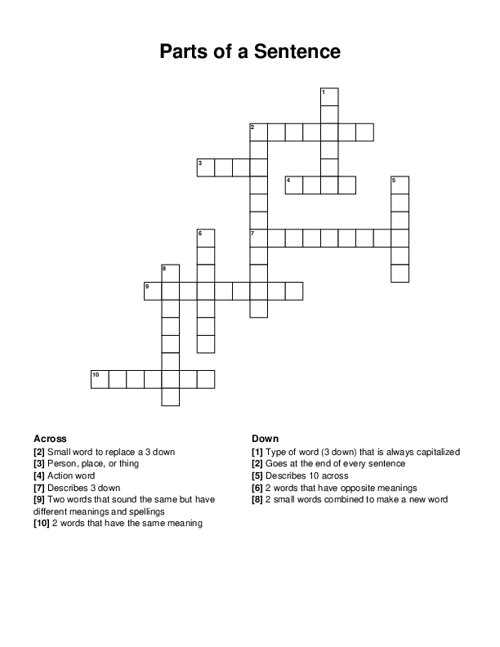 Parts of a Sentence Crossword Puzzle