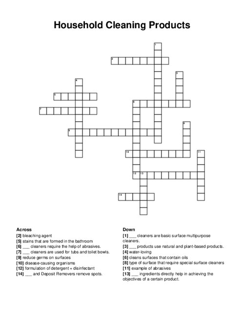Household Cleaning Products Crossword Puzzle
