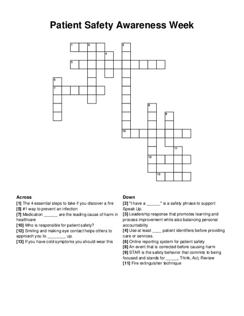 Patient Safety Awareness Week Crossword Puzzle