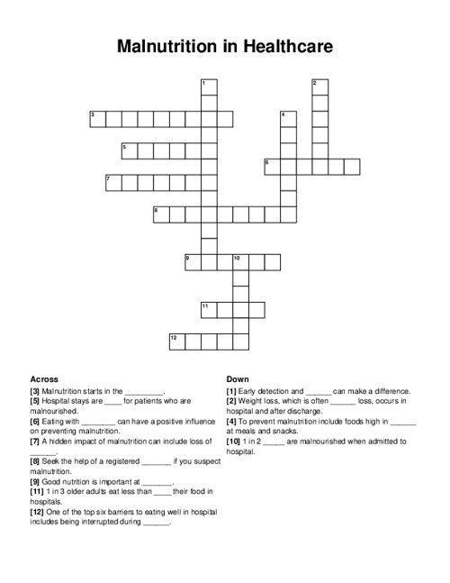 Malnutrition in Healthcare Crossword Puzzle