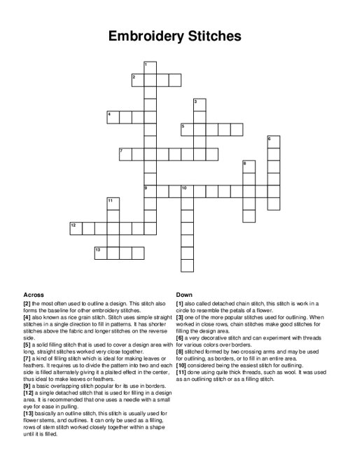 Embroidery Stitches Crossword Puzzle