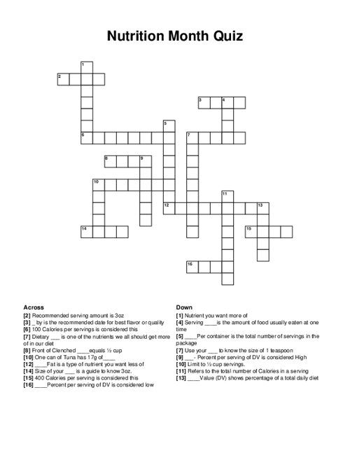 Nutrition Month Quiz Crossword Puzzle