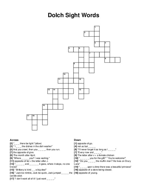 Dolch Sight Words Crossword Puzzle