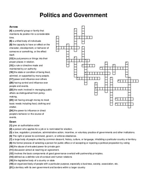 Politics and Government Crossword Puzzle