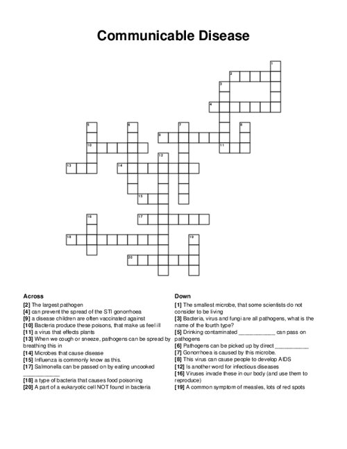 Communicable Disease Crossword Puzzle