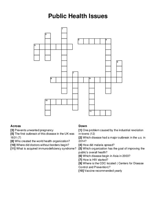 Public Health Issues Crossword Puzzle