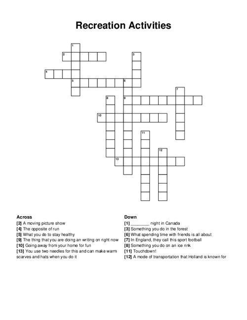 Recreation Activities Crossword Puzzle