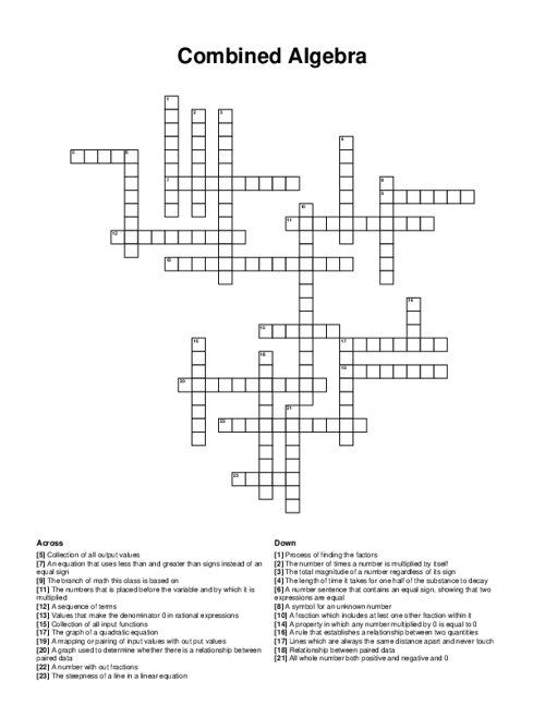 Combined Algebra Crossword Puzzle