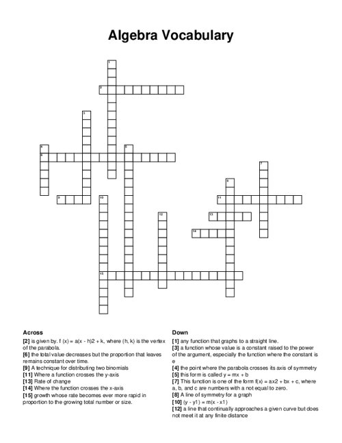 Algebra Vocabulary Crossword Puzzle