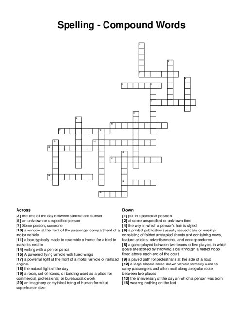 Spelling - Compound Words Crossword Puzzle