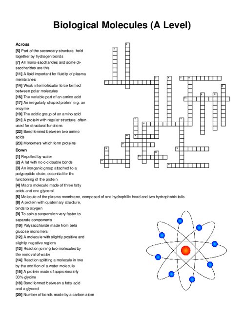 Biological Molecules (A Level) Crossword Puzzle