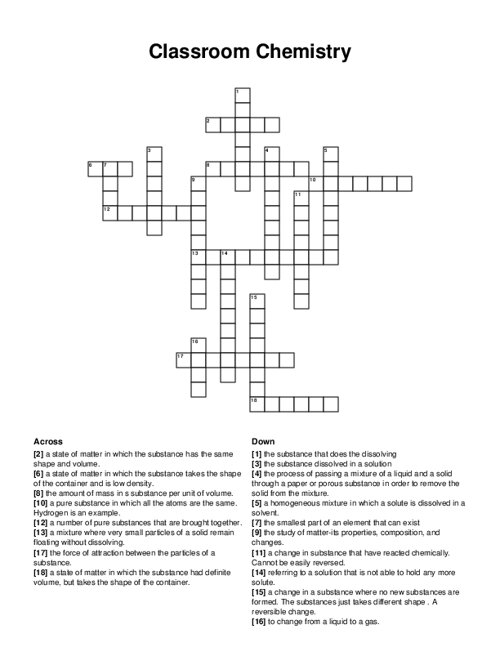 Classroom Chemistry Crossword Puzzle