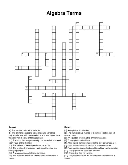 Algebra Terms Crossword Puzzle