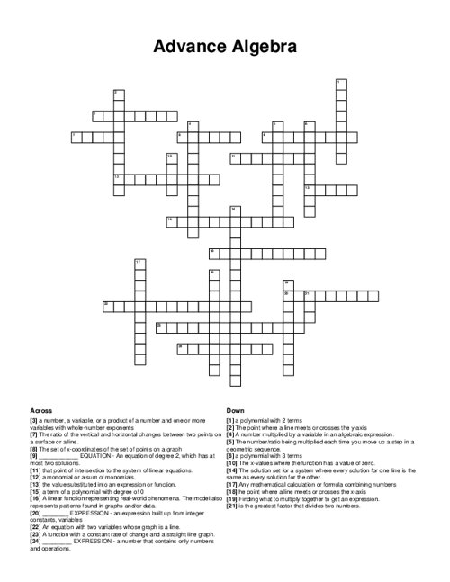Advance Algebra Crossword Puzzle