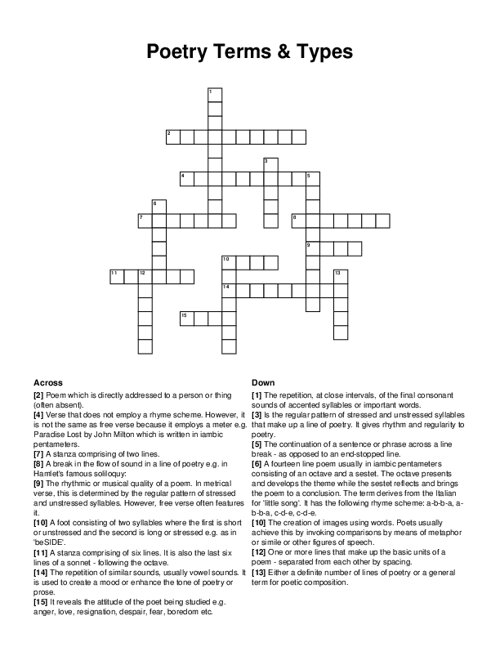 Poetry Terms & Types Crossword Puzzle