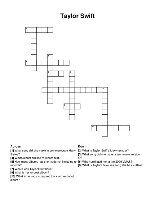 Taylor Swift Crossword Puzzle