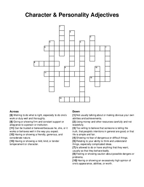 Character & Personality Adjectives Crossword Puzzle