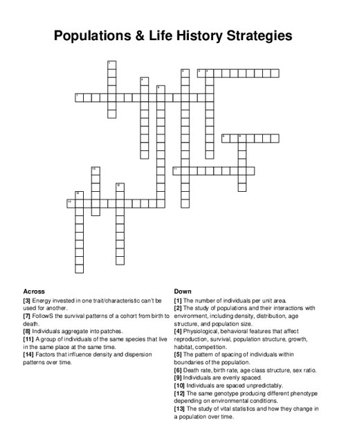 Populations & Life History Strategies Crossword Puzzle