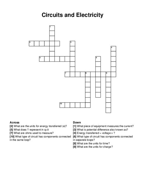 Circuits and Electricity Crossword Puzzle