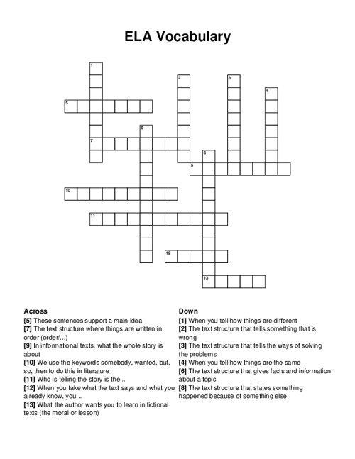 ELA Vocabulary Crossword Puzzle