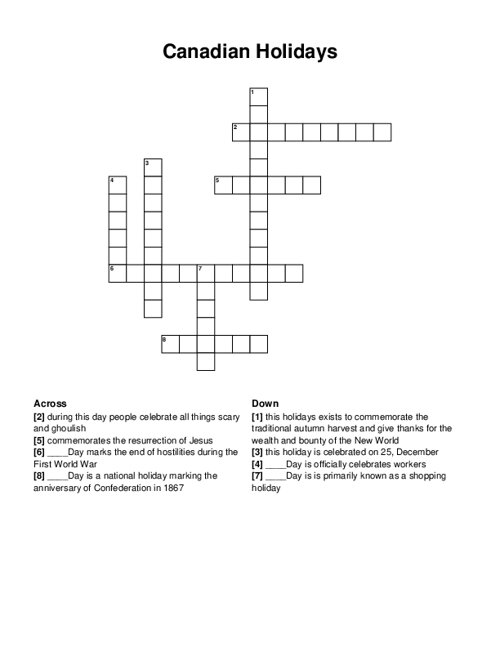 Canadian Holidays Crossword Puzzle
