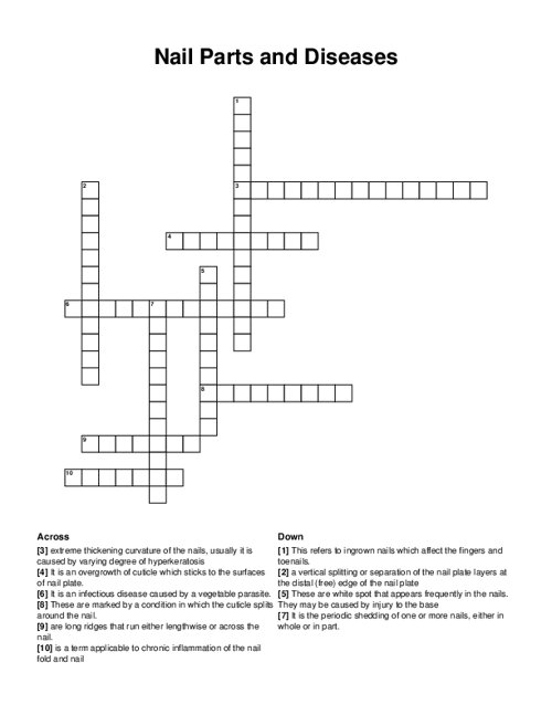 Nail Parts and Diseases Crossword Puzzle