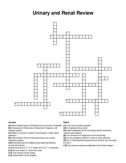 Urinary and Renal Review Crossword Puzzle