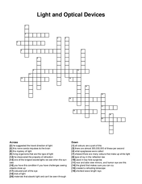 Light and Optical Devices Crossword Puzzle