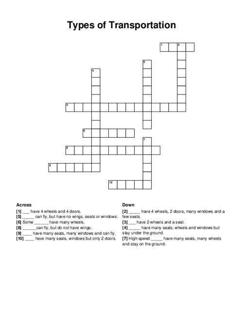 Types of Transportation Crossword Puzzle