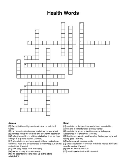 Health Words Crossword Puzzle