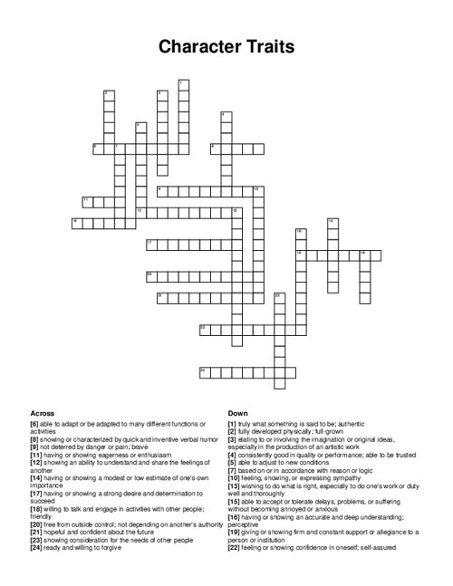 Character Traits Crossword Puzzle