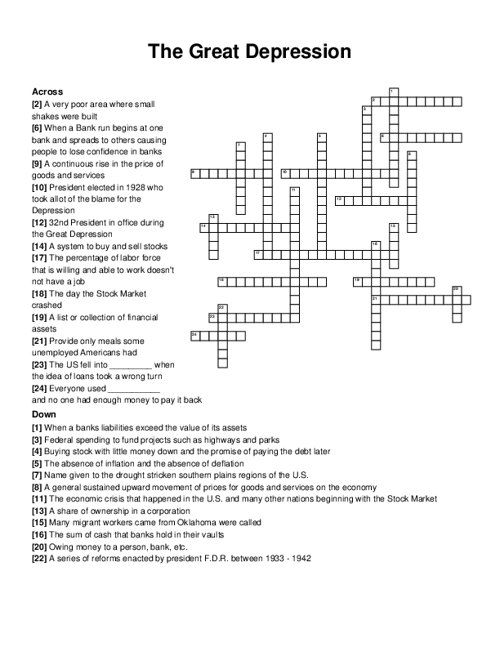 The Great Depression Crossword Puzzle