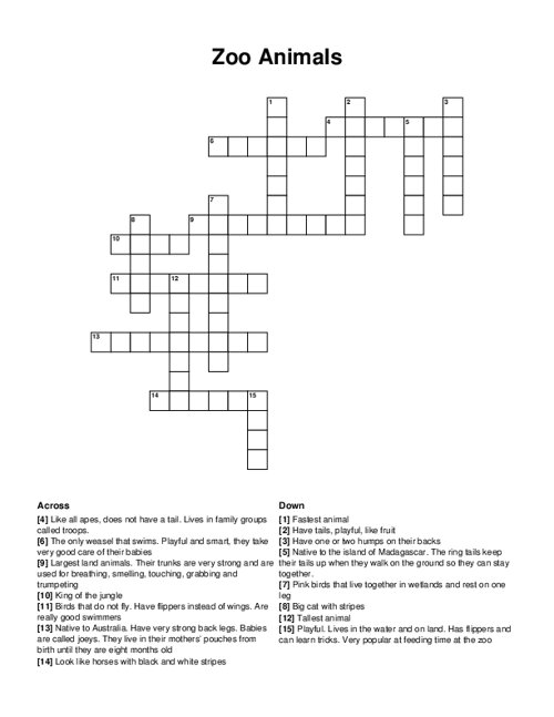 Zoo Animals Crossword Puzzle