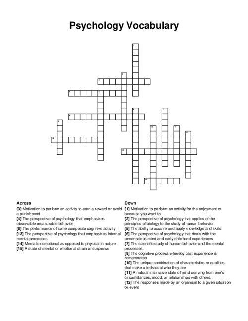 Psychology Vocabulary Crossword Puzzle