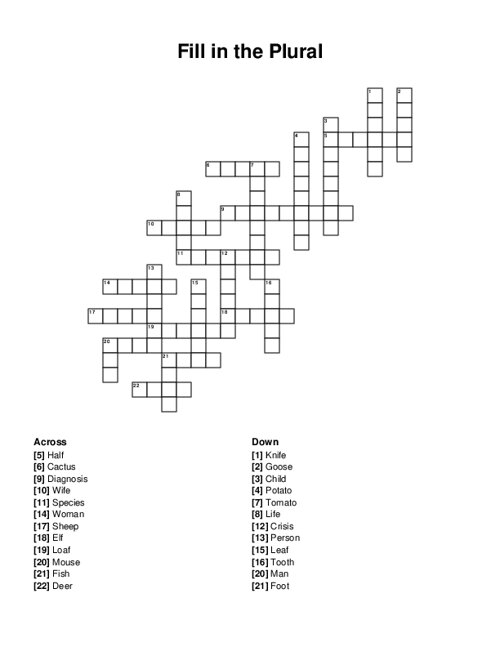 Fill in the Plural Crossword Puzzle