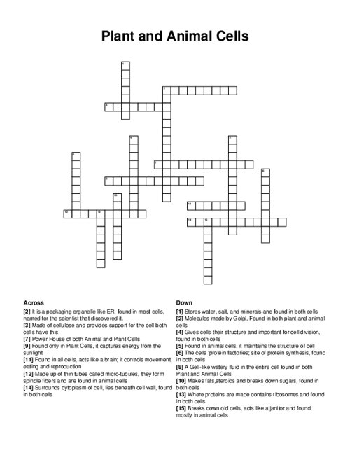 Plant and Animal Cells Crossword Puzzle