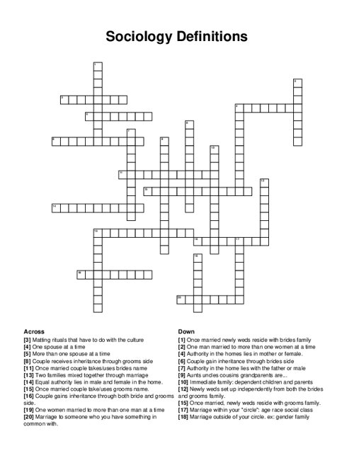 Sociology Definitions Crossword Puzzle