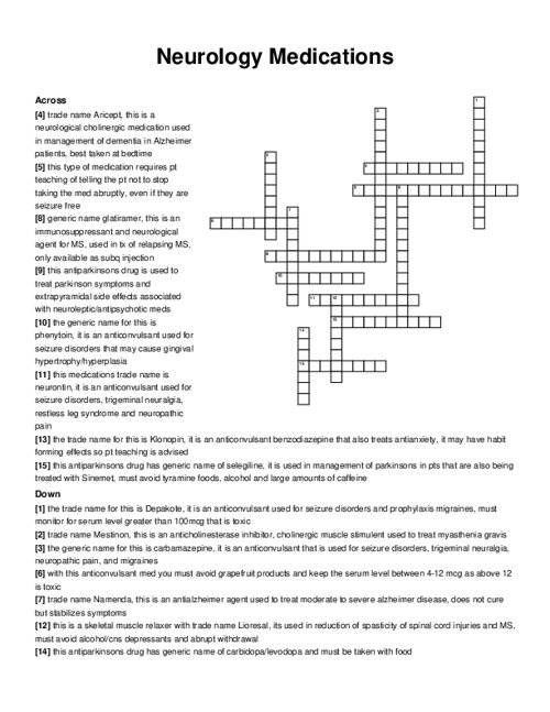 Neurology Medications Crossword Puzzle