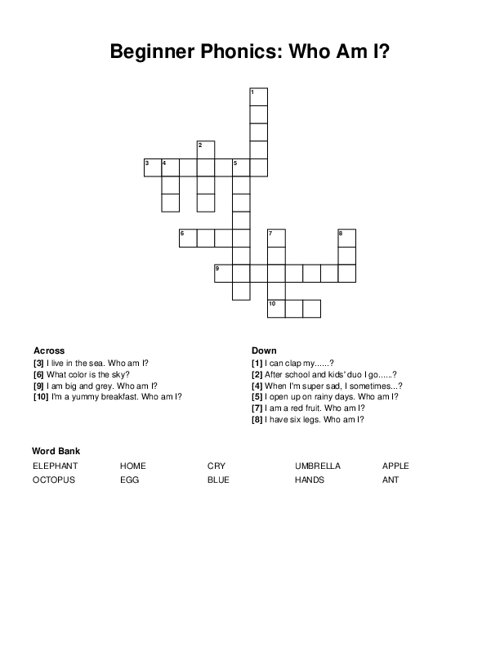 Beginner Phonics: Who Am I? Crossword Puzzle