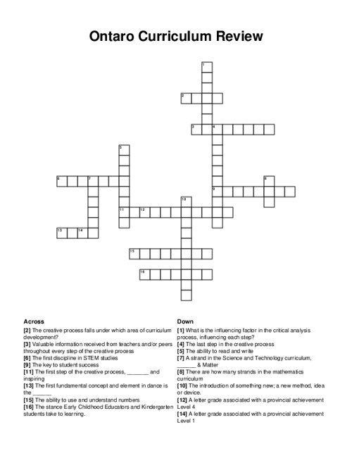 Ontaro Curriculum Review Crossword Puzzle