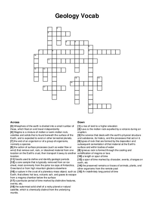 Geology Vocab Crossword Puzzle