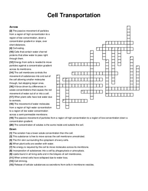 Cell Transportation Crossword Puzzle