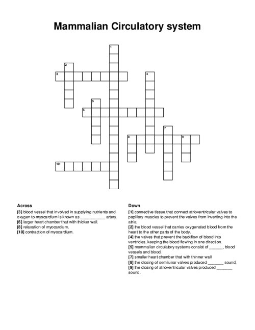 Mammalian Circulatory system Crossword Puzzle